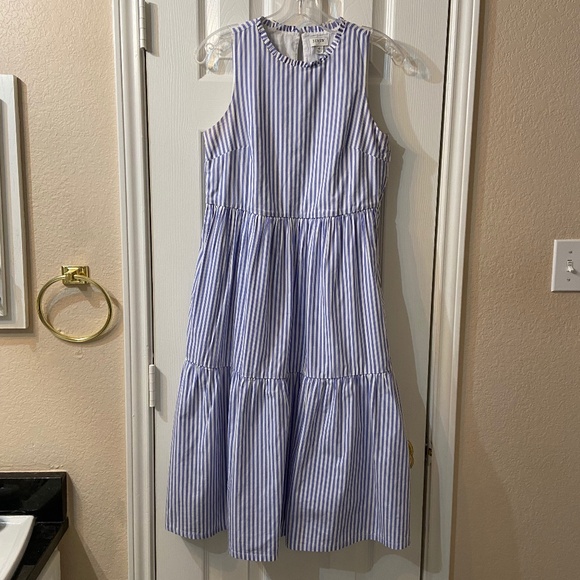 JCREW Blue/White Striped Sleeveless Midi Dress w/ Pockets Size 0 Cotton Elastane - Picture 1 of 12